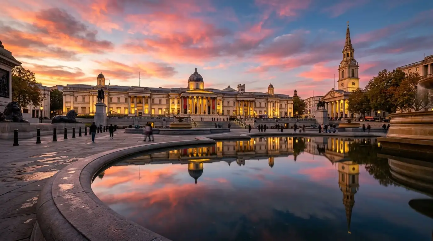 Die National Gallery London bei Sonnenuntergang, gesehen von den Brunnen am Trafalgar Square, etwa 25 Minuten vom London Court Hotel Earl's Court