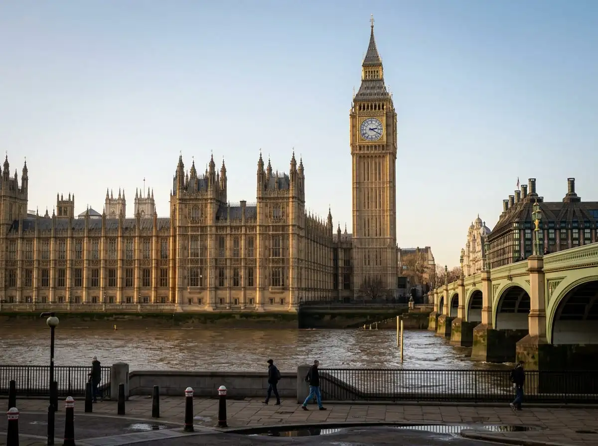 Big Ben und die Houses of Parliament in Westminster, von der anderen Themseseite aus, direkt ab Earl's Court mit der District Line