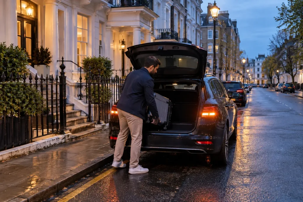Traveller loading suitcases into a car on a rainy London side street in the evening