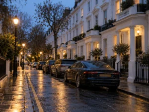 Rainy white-stucco side street like those around Earl's Court, London, with cars parked along the kerb at dusk