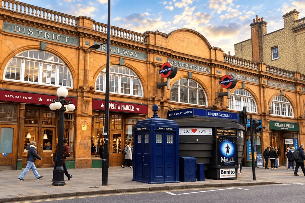 Earl's Court Underground station entrance on Earls Court Road, two minutes' walk from London Court Hotel
